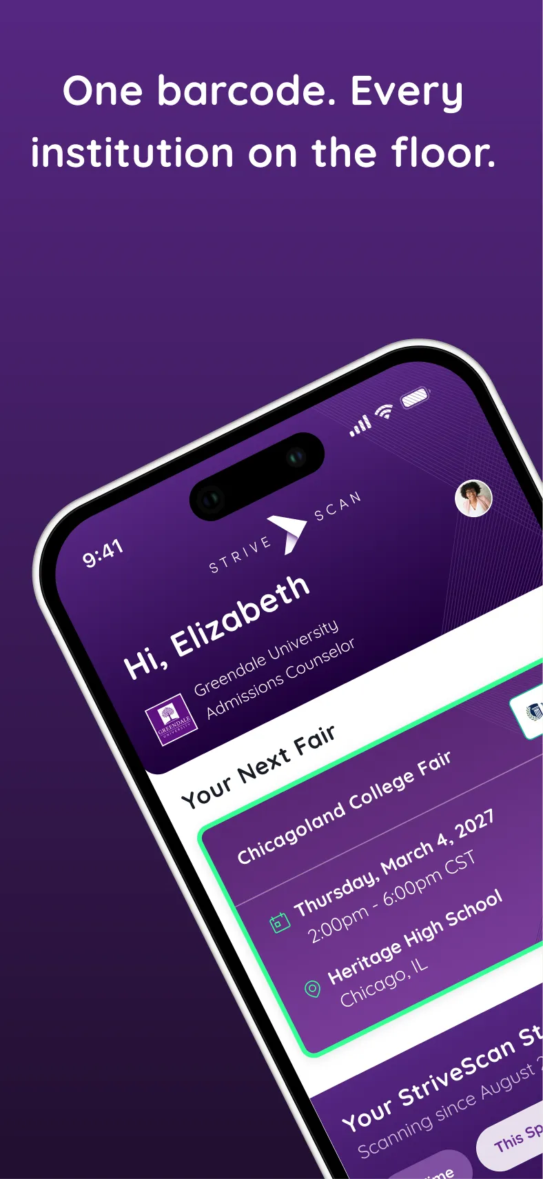One barcode. Every institution on the floor. — StriveScan home screen showing the next fair