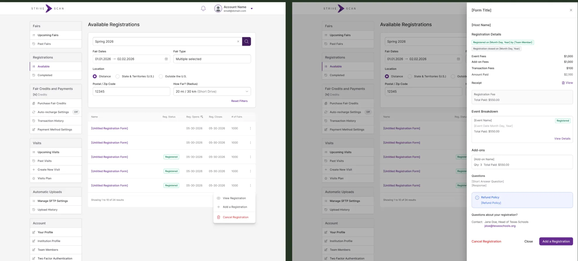 Two views of the Available Registrations table: the list on its own, and with a flyout panel showing one registration's details