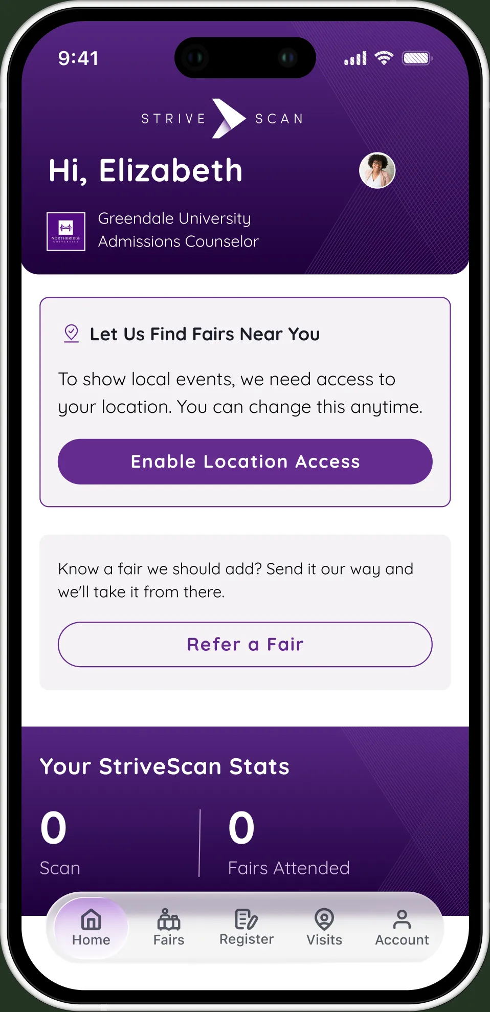 StriveScan home screen in its empty state: location access prompt, refer-a-fair card, and zeroed stats