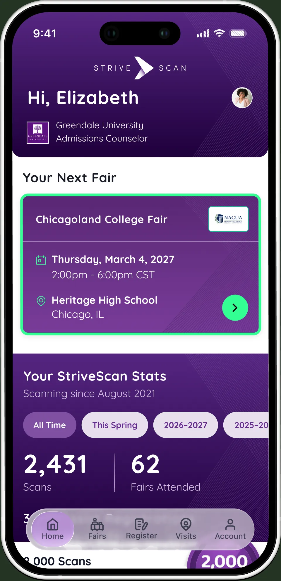 StriveScan home screen populated with the next fair, scanning stats, and a 2,000 scans badge