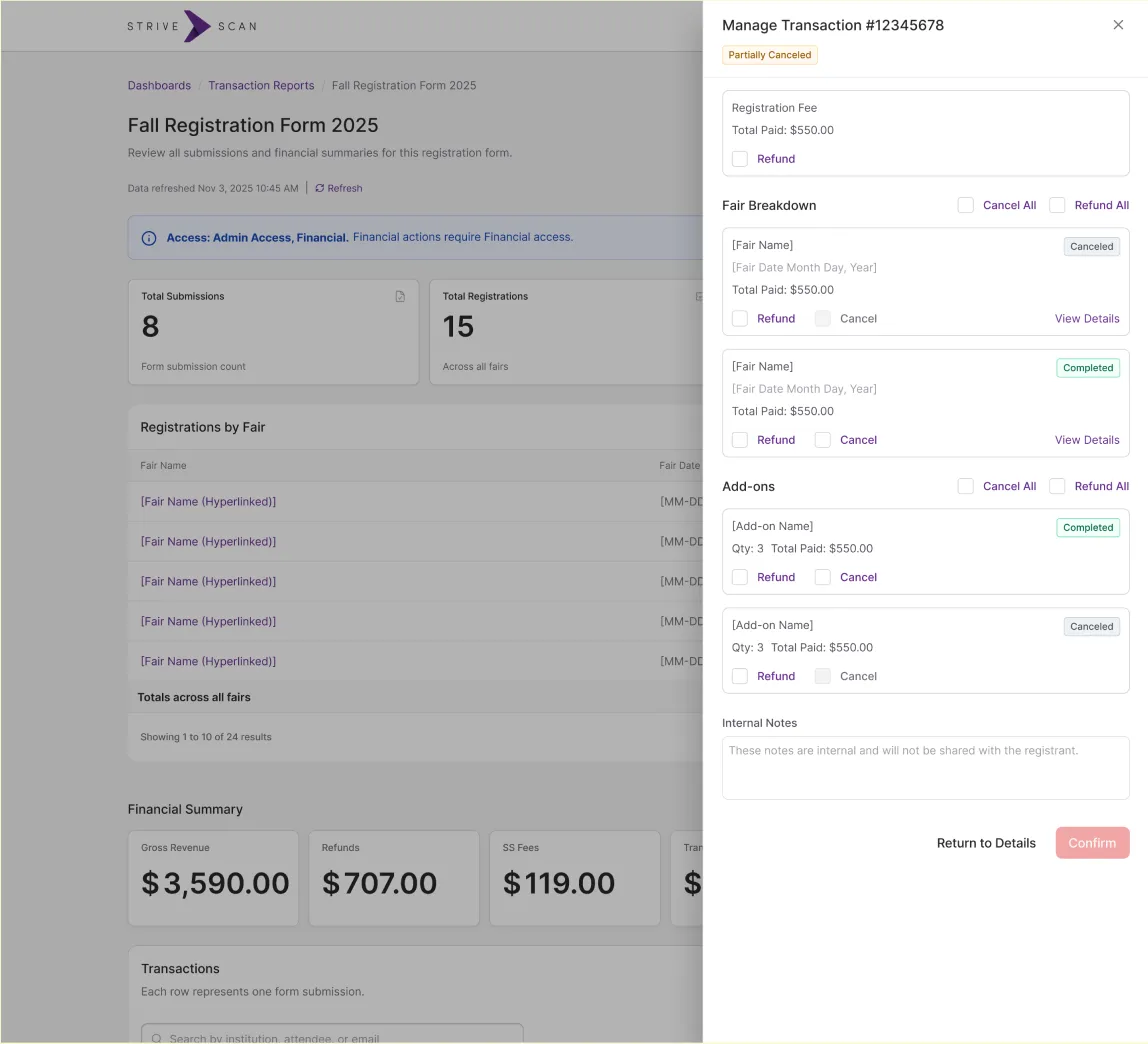 A transaction detail screen showing line items, refund state, and payment totals